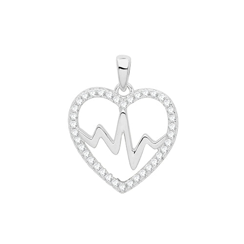 Silver heart-shaped pendant with an electrocardiogram design on a white background