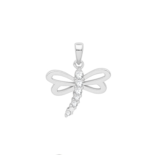 Silver dragonfly pendant with clear gemstones on a white background