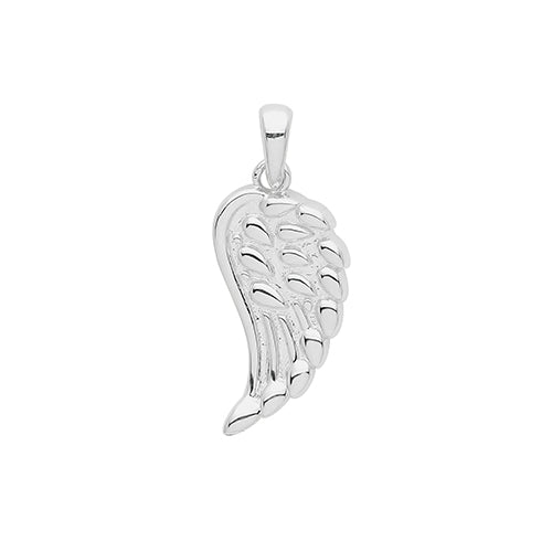 Silver angel wing pendant on a white background