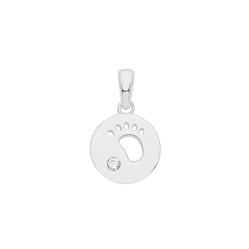 Silver pendant with a round design featuring a footprints cutout and a small gemstone on a white background.