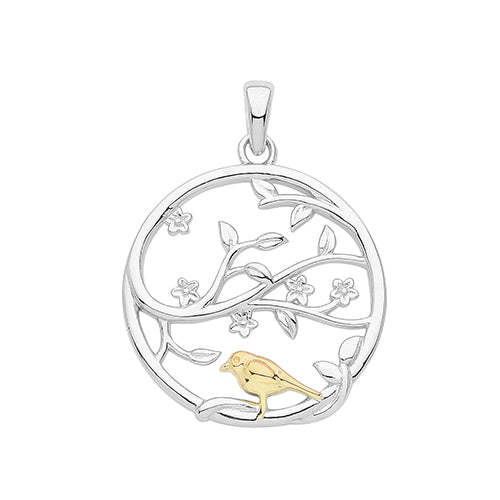 Silver pendant with a gold bird on a white background