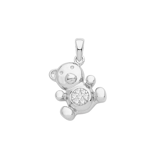 Silver teddy bear pendant with a clear gemstone on a white background