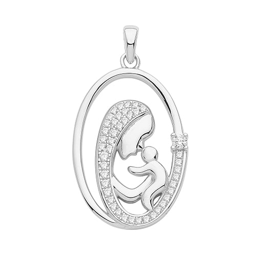 Silver pendant with a design of a mother and child, surrounded by small diamonds on a white background.