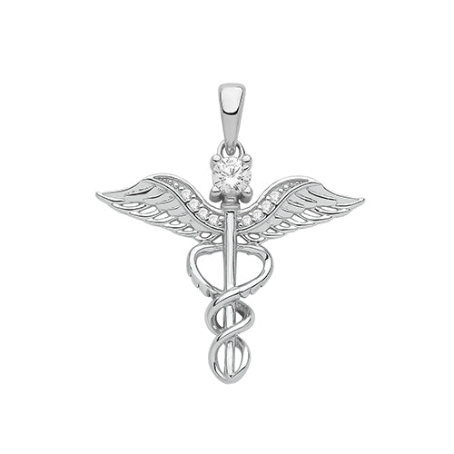 Silver caduceus pendant with wings and a central gemstone on a white background