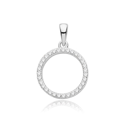 Silver circular pendant with clear stones on a white background