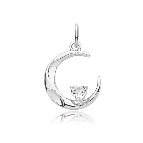 Silver moon-shaped pendant with a diamond on a white background