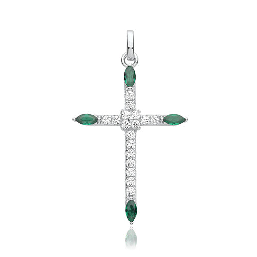 Silver cross pendant with green gemstones on a white background