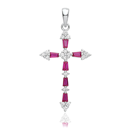 Cross-shaped pendant with pink gemstones and clear stones on a white background