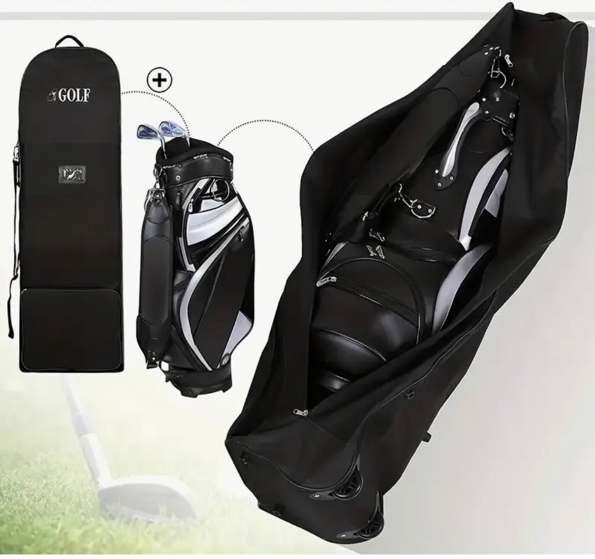 Black golf bag with white accents on a white background