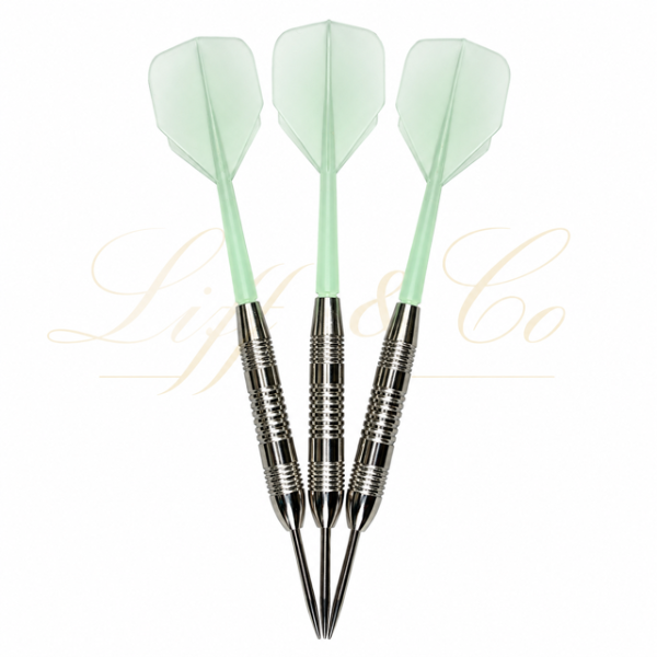Three darts with green flight and silver shafts on a white background, featuring a brand logo.