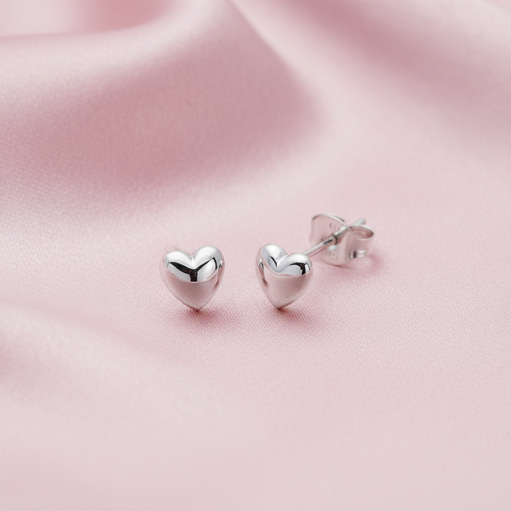 Sterling Silver Rhodium Plated Heart Stud Earrings