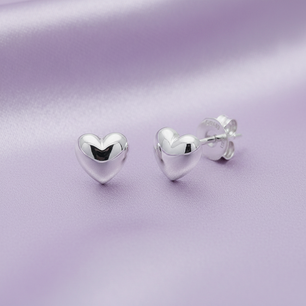 Sterling Silver Rhodium Plated Heart Stud Earrings