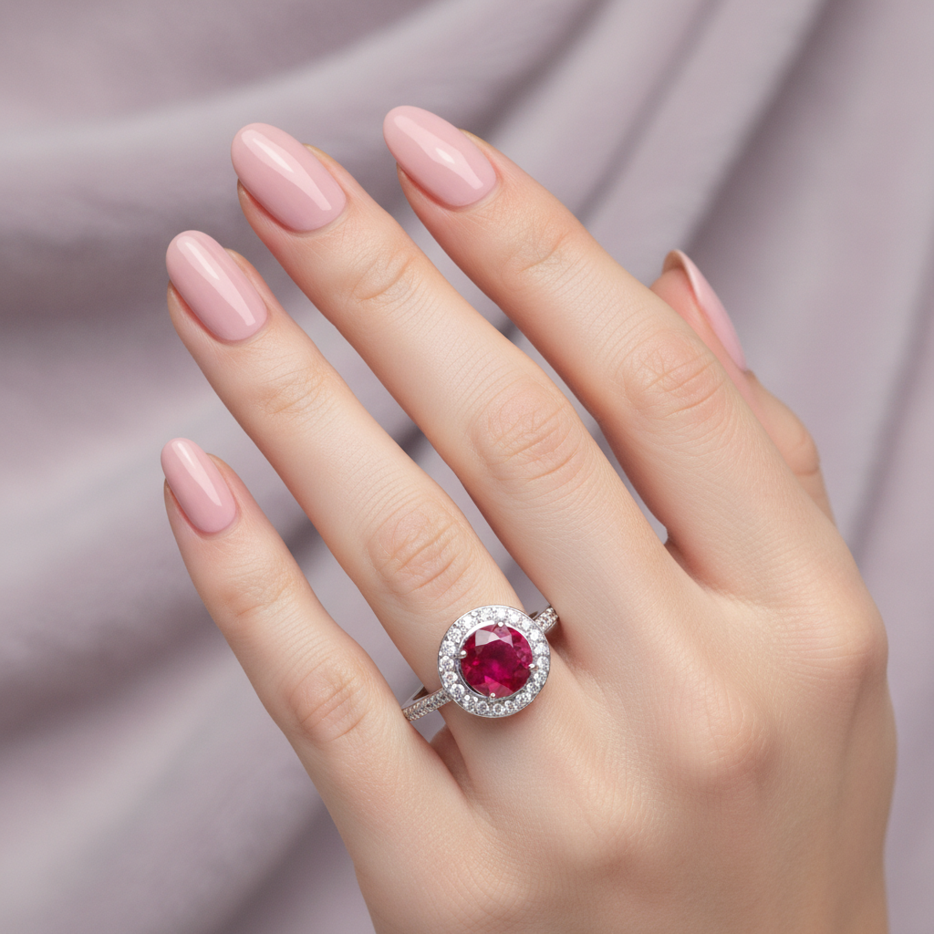 9ct White Gold Ruby & Diamond Ring 0.90ct worn on a ladies hand