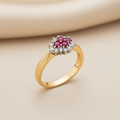 9ct Yellow Gold Ruby Cluster & Diamond Ring 0.66ct on champagne cream textured background