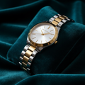 Michael Kors MK3198 two-tone watch on coloured textured background