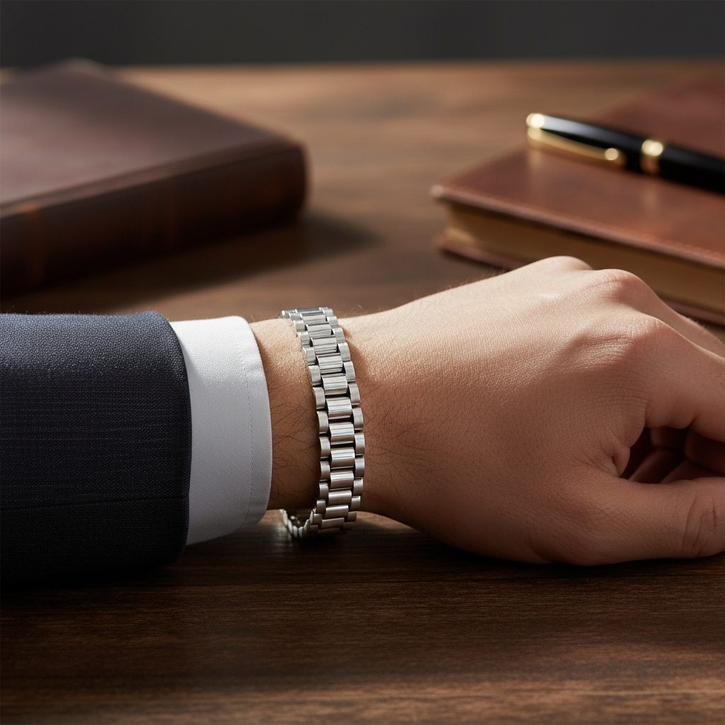 Silver Watch Strap Bracelet worn on a mans wrist