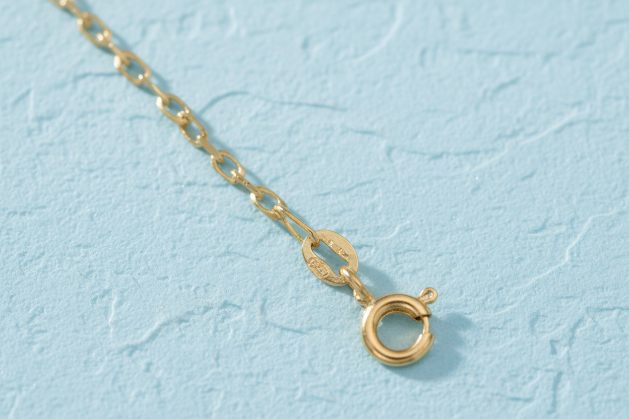 9ct Yellow Gold 1.7mm Diamond Cut Oval Belcher Chain on icy blue textured background