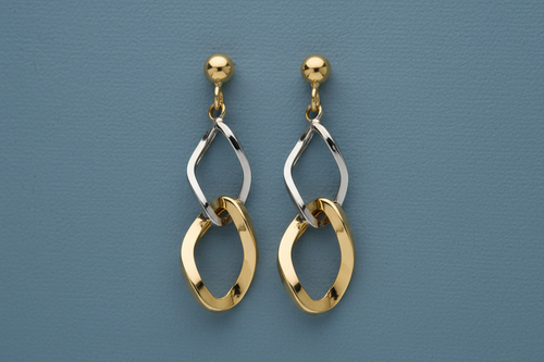 9ct Yellow & White Gold Fancy Drop Earrings on slate blue textured background