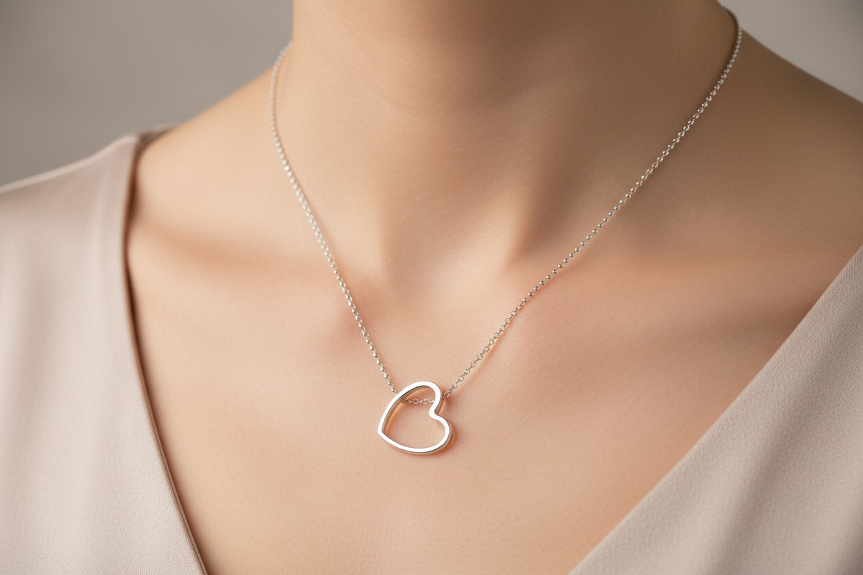Silver rhodium plated open heart pendant worn on a woman's neck