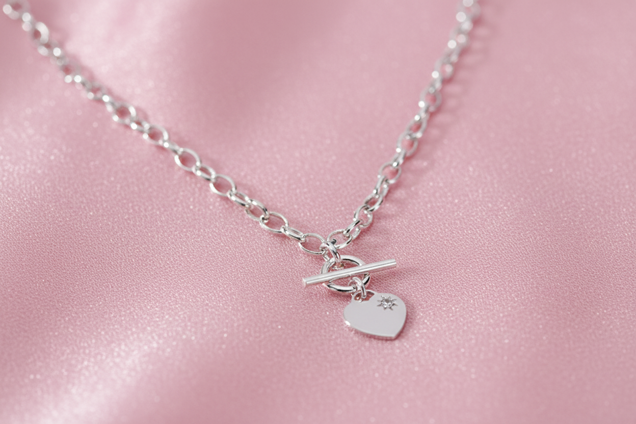 Silver T-bar CZ necklet on bubblegum pink silk background