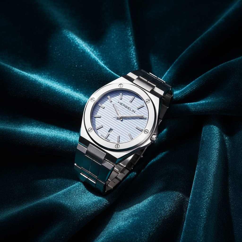 Herbelin Cap Camarat 14545B25 ladies watch on ocean teal velvet background