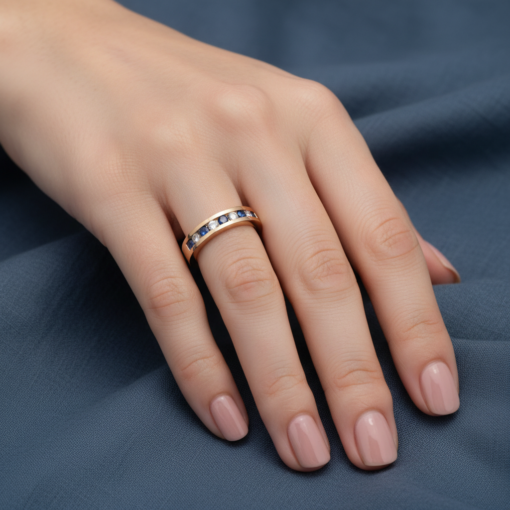 9ct Yellow Gold Sapphire & Diamond Eternity Ring 0.45ct worn on a ladies hand