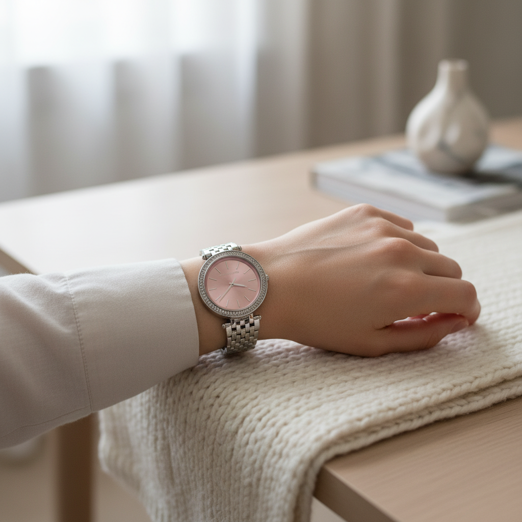 Michael Kors MK3352 silver watch with pink dial worn on a lady's wrist