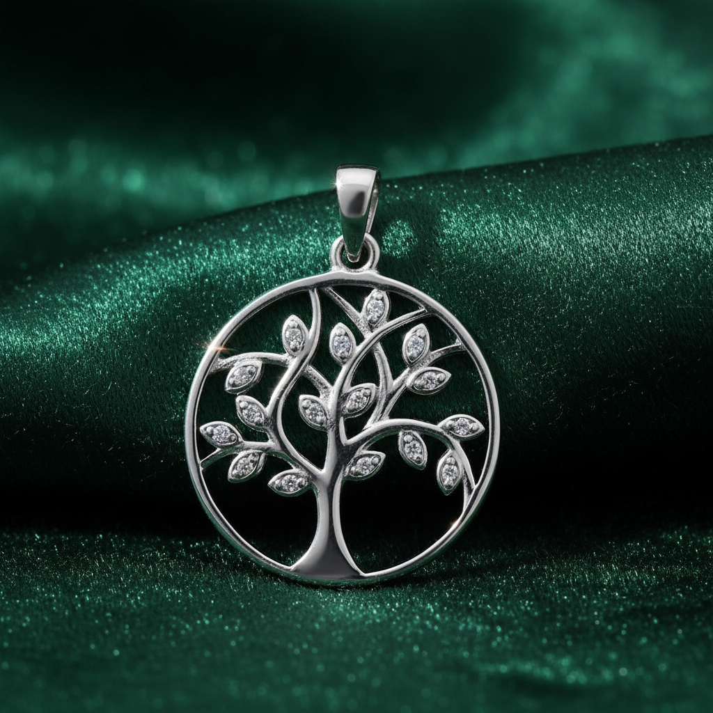 Silver Tree of Life CZ Pendant on textured forest green fabric background