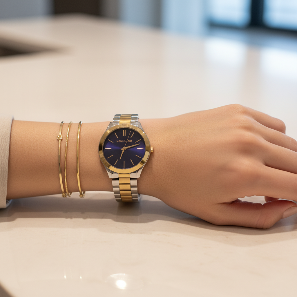 Michael Kors MK3479 two-tone watch worn on a lady's wrist