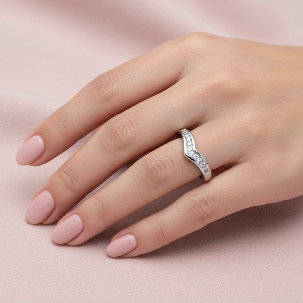 9ct White Gold 0.25ct Diamond Wishbone Ring worn on a ladies hand
