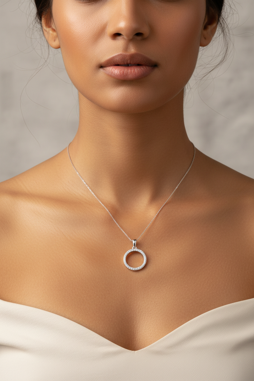 Silver Rhodium CZ Circle Pendant worn on a lady's neck - lifestyle shot