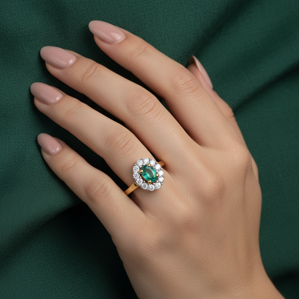 9ct Yellow Gold Emerald Cluster & Diamond Ring 0.45ct worn on a ladies hand