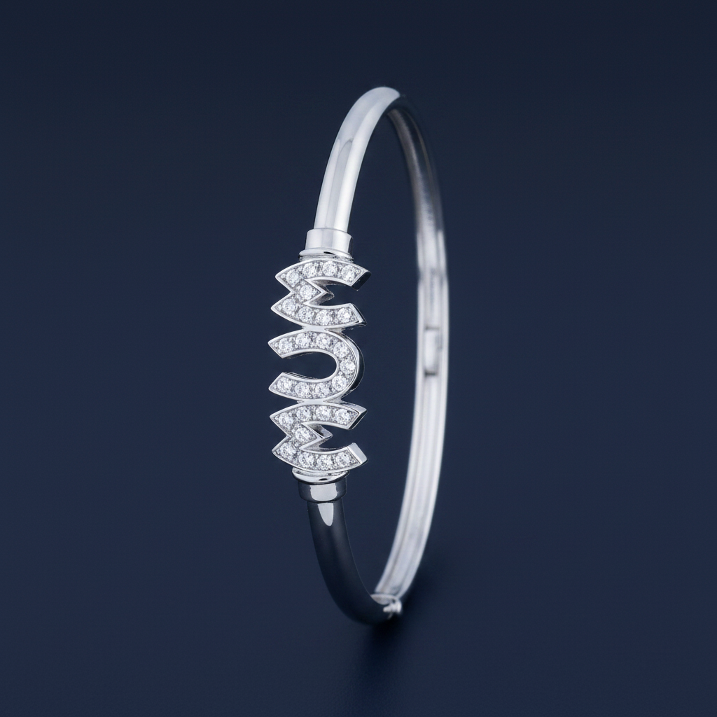 Silver Ladies Round MUM CZ Hinged Bangle on navy blue background