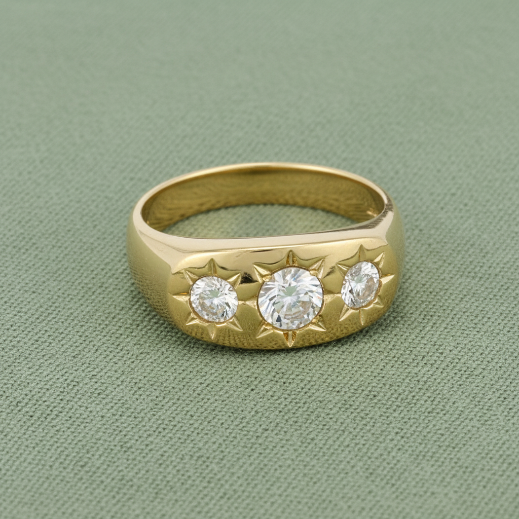 9ct Yellow Gold Gents 3 Stone CZ Ring on sage green textured background