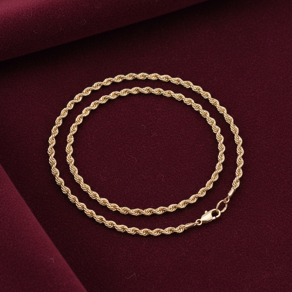 9ct Gold Hollow Rope Style Anklet on burgundy textured background