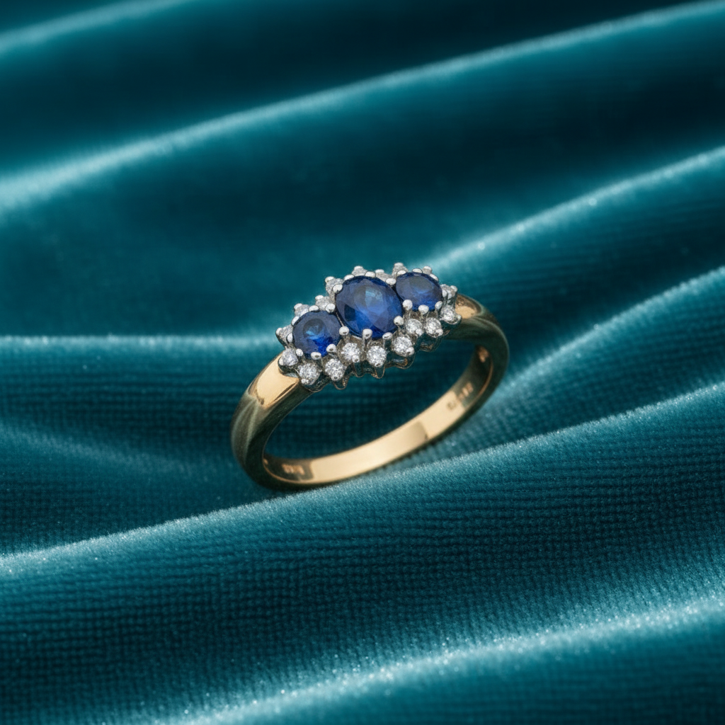 9ct Yellow Gold Sapphire Cluster & Diamond Ring 1.08ct on teal textured background