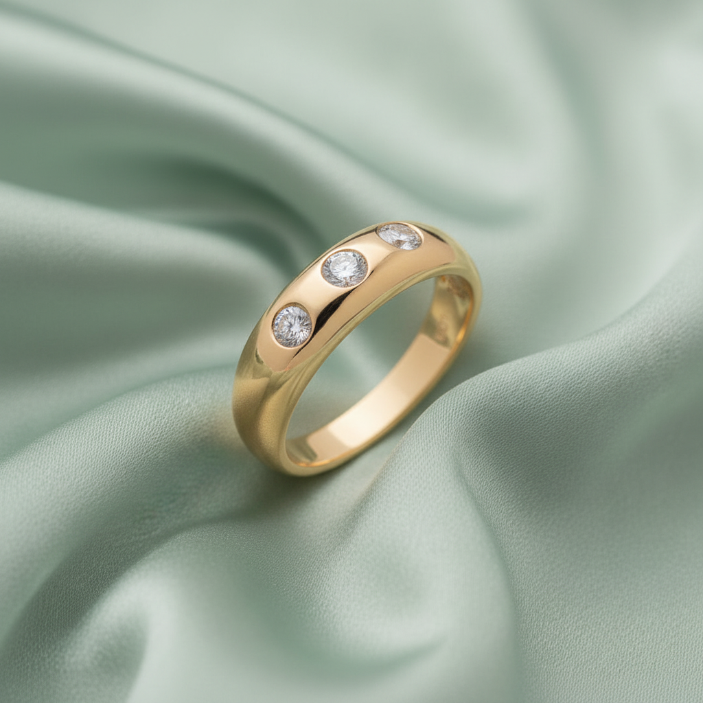 Gents 9ct Yellow Gold 1.00ct 3 Stone Diamond Ring on sage green textured background