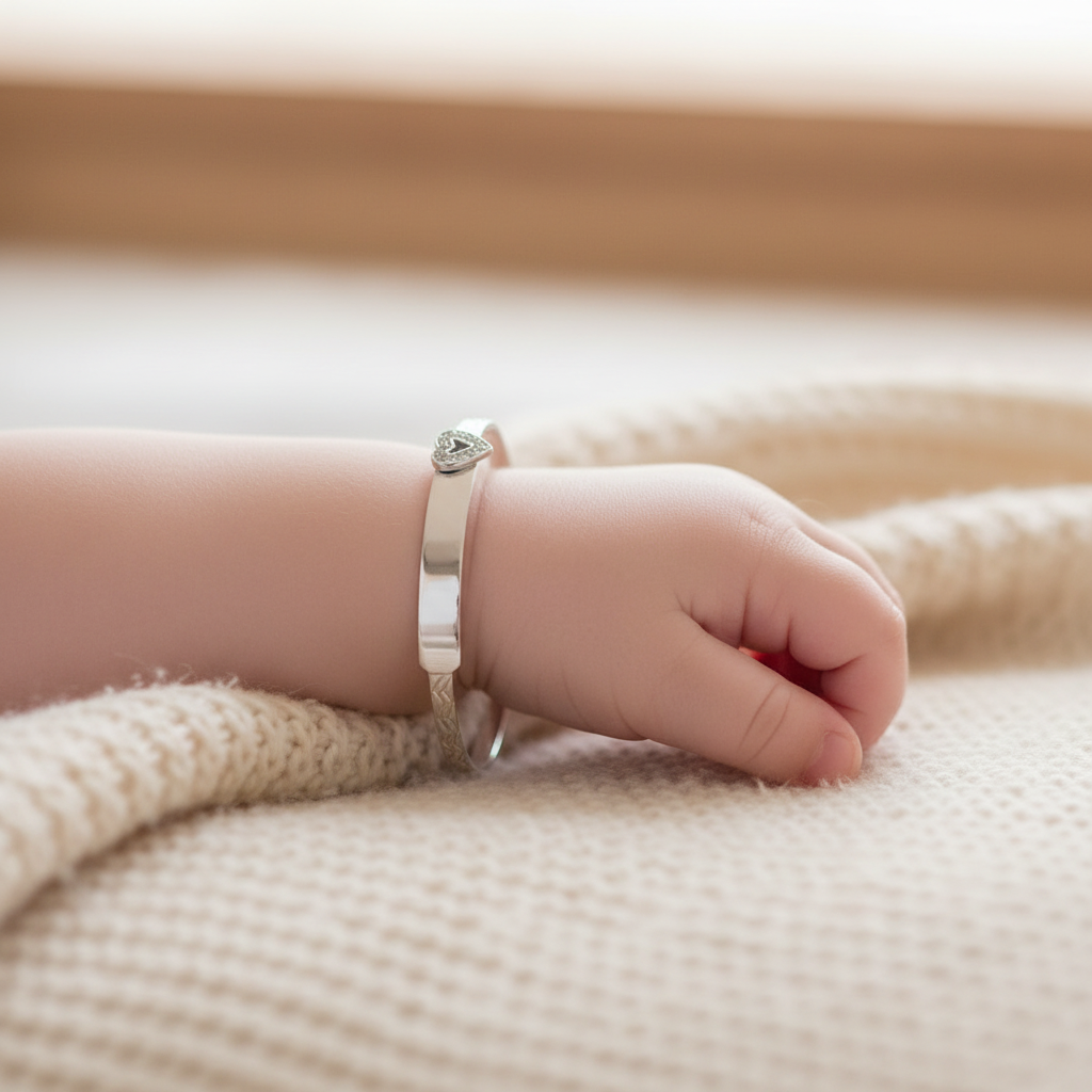 Silver Babies' Round CZ Heart ID Bangle on baby wrist lifestyle shot