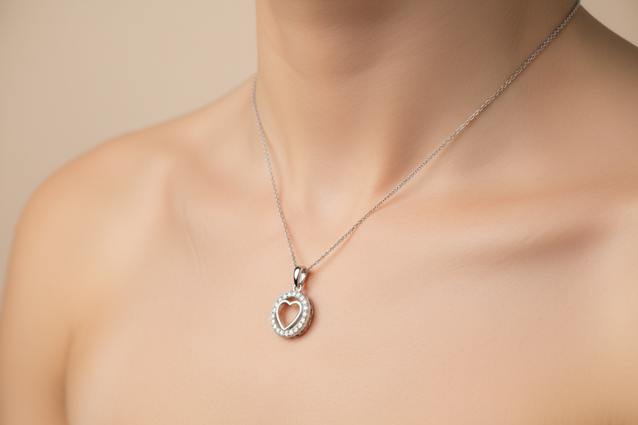Silver rhodium plated CZ heart halo pendant worn on a woman's neck