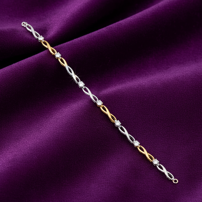 9ct White and Yellow Gold Figure of 8 CZ Ladies Bracelet on purple textured background