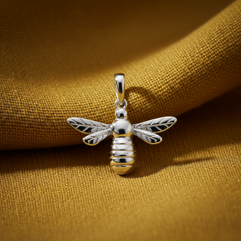 Silver Rhodium Bee Charm Pendant on textured mustard yellow fabric background