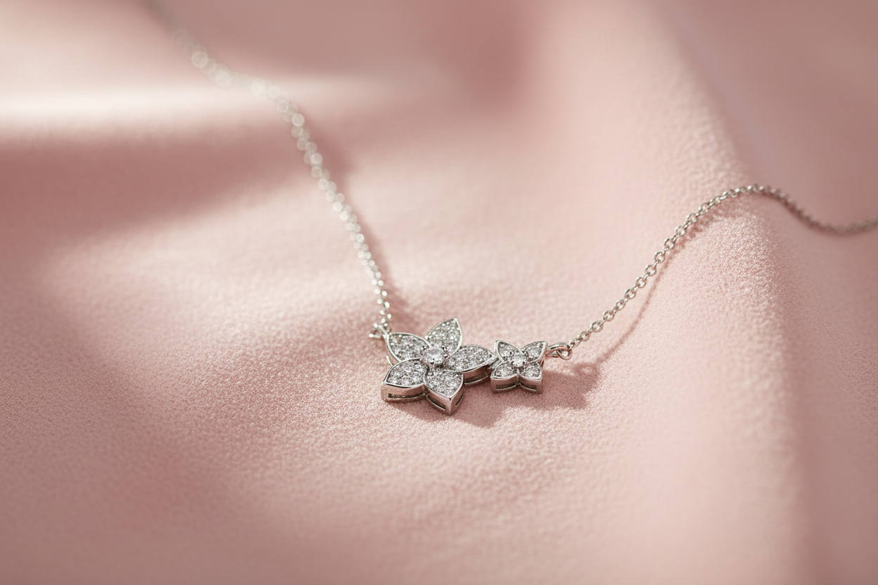 Silver rhodium plated CZ double flower pendant on blush pink background