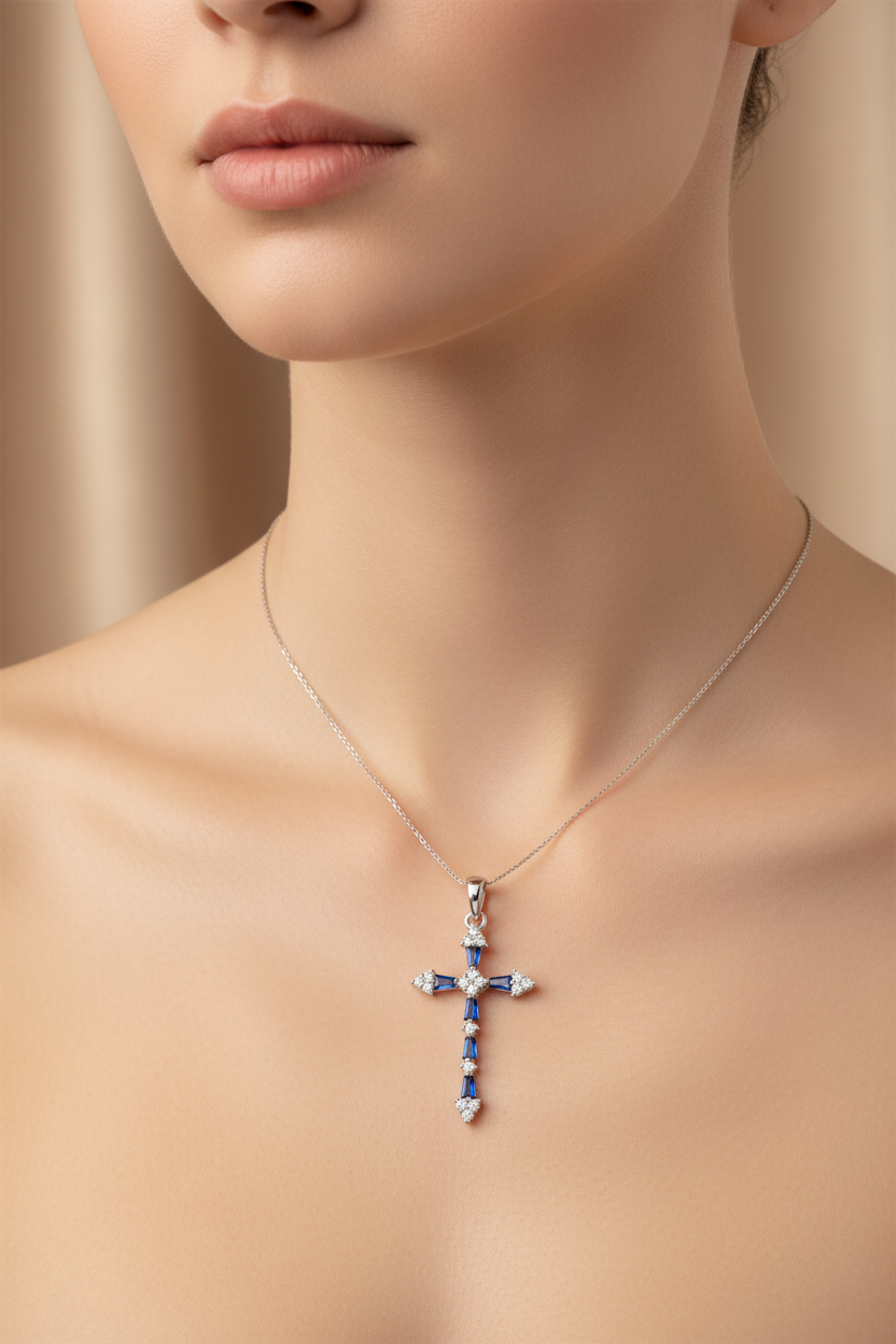 Silver Rhodium Blue CZ Cross Pendant worn on a lady's neck - lifestyle shot
