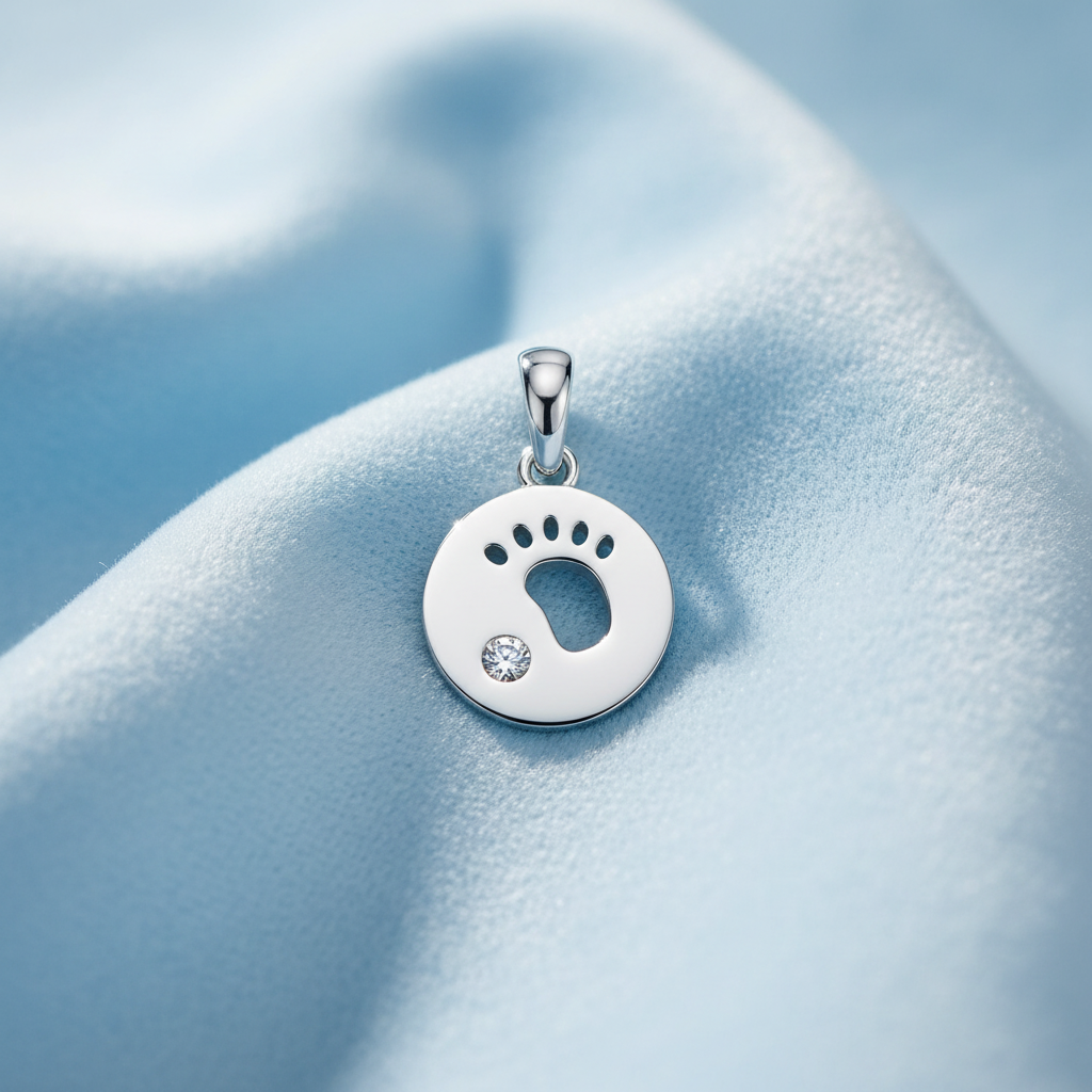 Silver Rhodium Christening Pendant on soft baby blue fabric background