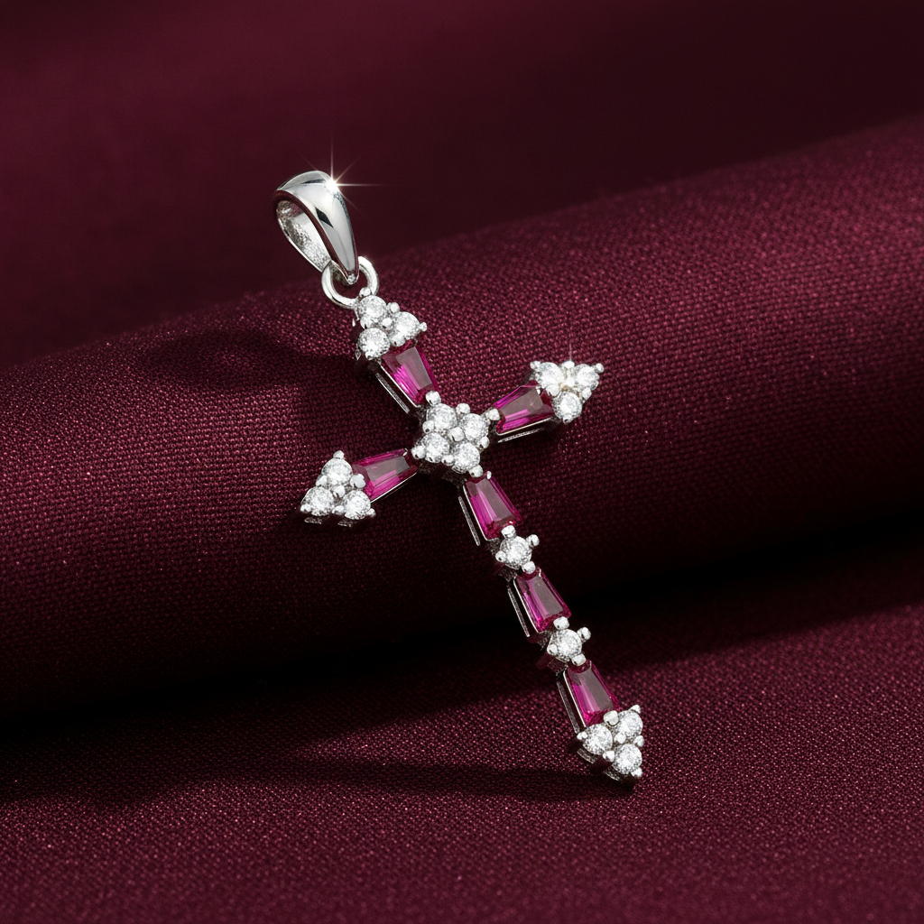 Silver Rhodium Red CZ Cross Pendant on deep burgundy fabric background