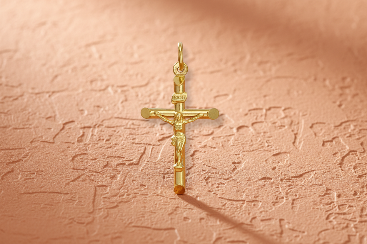 9ct Yellow Gold Round Tube Crucifix Pendant on terracotta textured background