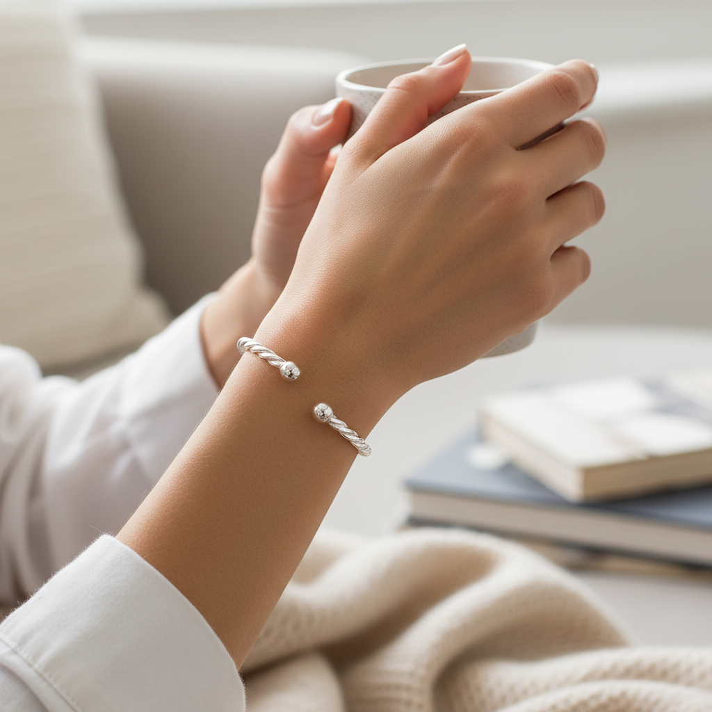 Silver Ladies Twisted Torque Bangle worn on a womans wrist