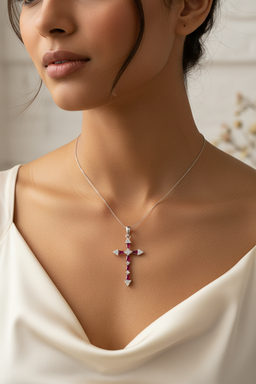 Silver Rhodium Red CZ Cross Pendant worn on a lady's neck - lifestyle shot