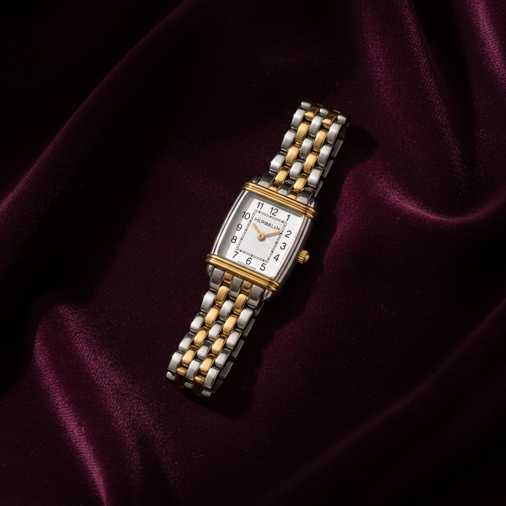 Herbelin Art Deco two tone bracelet 17438BT22 ladies watch on plum velvet background