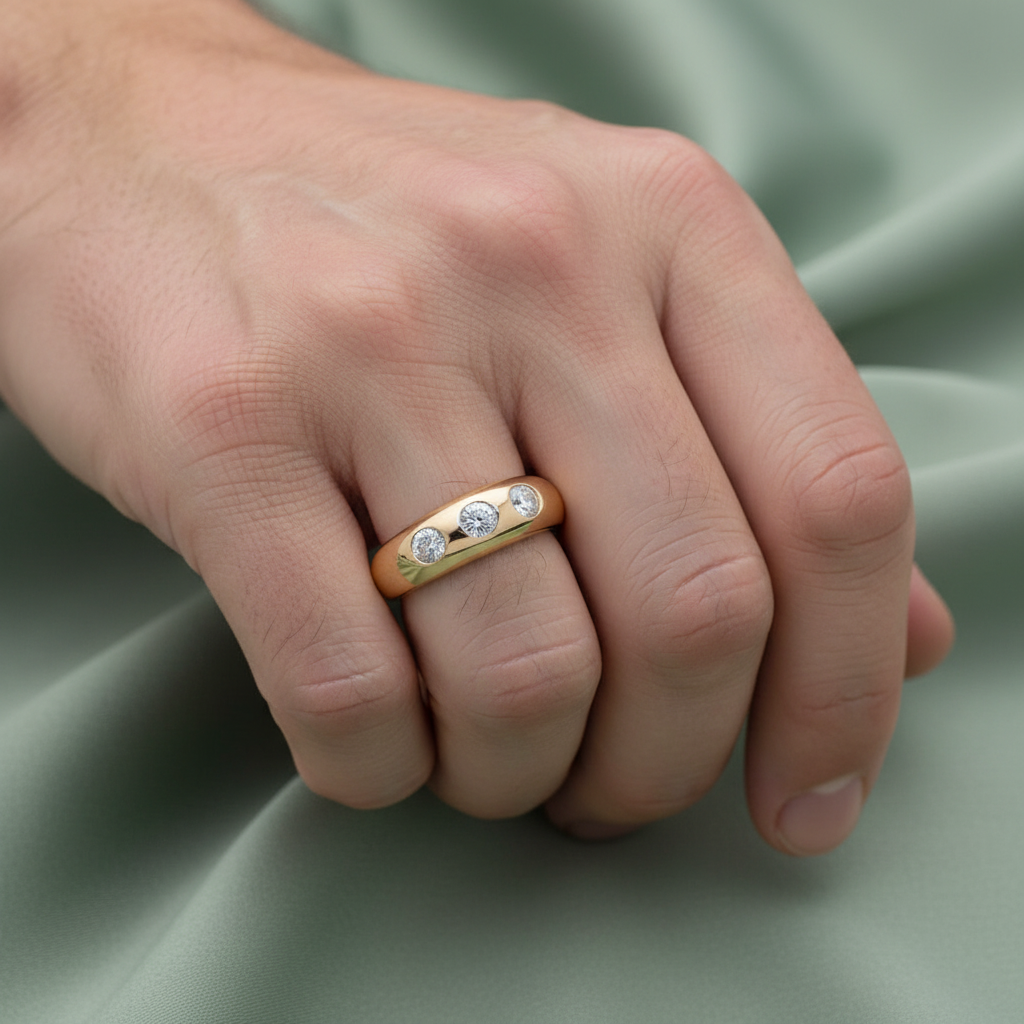Gents 9ct Yellow Gold 1.00ct 3 Stone Diamond Ring worn on a mans hand